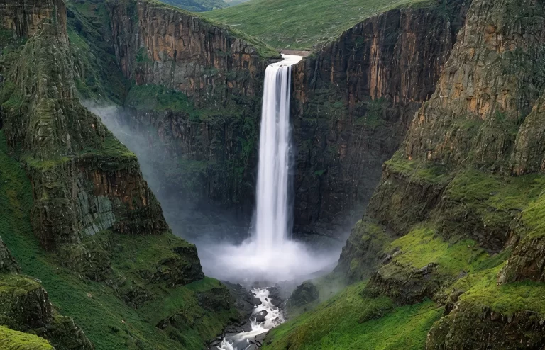 Hoher Wasserfall stürzt in eine grüne Schlucht mit steilen Felswänden